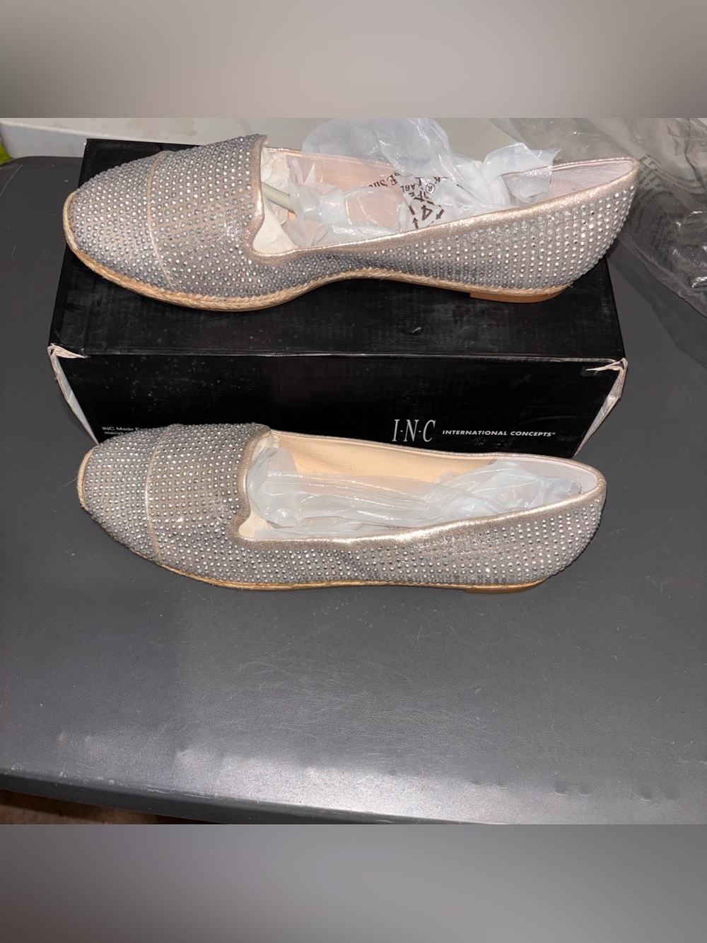 INC International Concepts Silver Rhinestone Embellished Loafers